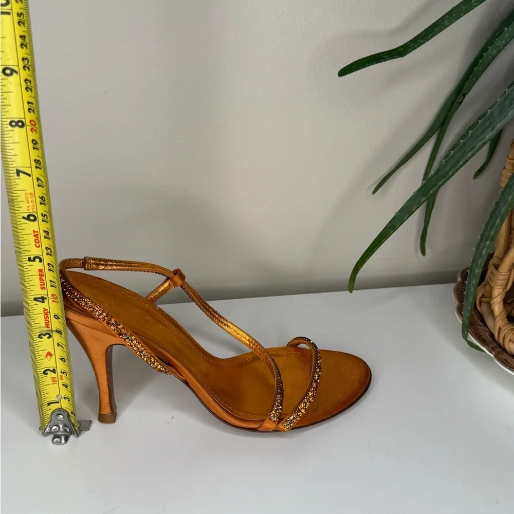 Caligarius Cometa Orange Satin Swarovski Crystal Heels Made in Italy Sz 37/ US 7 - Picture 11 of 12